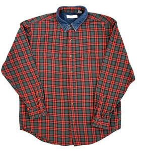 Vintage Bugle Boy Company Red Plaid & Denim Button Up Long Sleeve Shirt Size XL